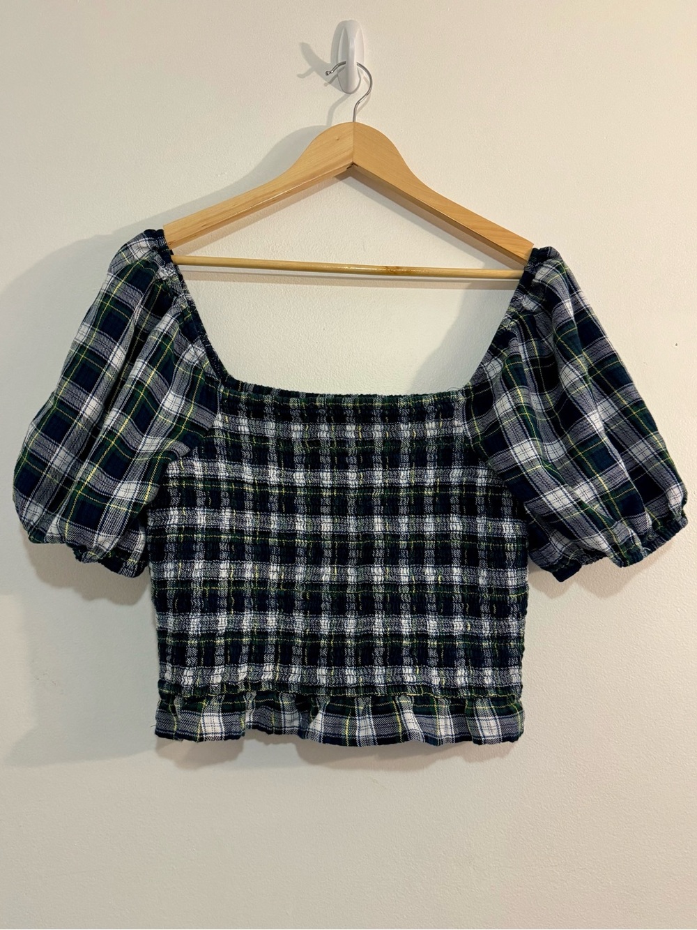 American Eagle Plaid Smocked Puff Sleeve Peplum Top Cottagecore Fairy Grunge L